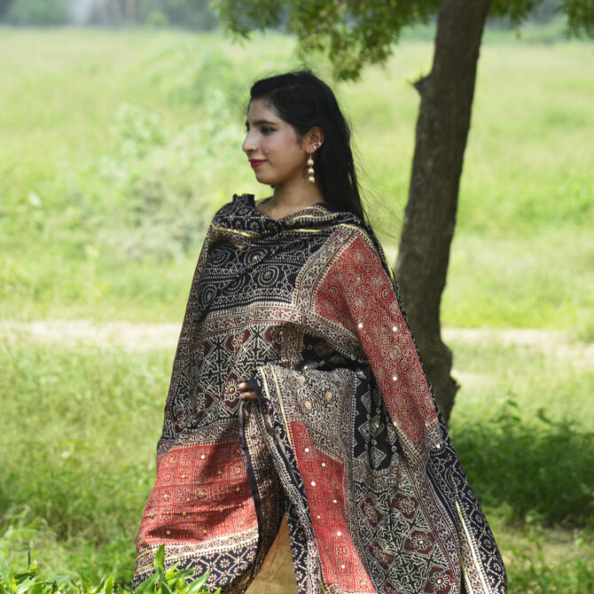 A woman wearing the Organic Dye Hand Block Printed Black Ajrak Multi Blocks Classic as a stylish dupatta, perfectly complementing her traditional outfit with shimmering sitara sequences.