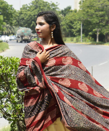 Organic Dye Hand Block Printed Ajrak Odhni with intricate geometric and floral designs in deep black, crafted by artisans using eco-friendly dyes.