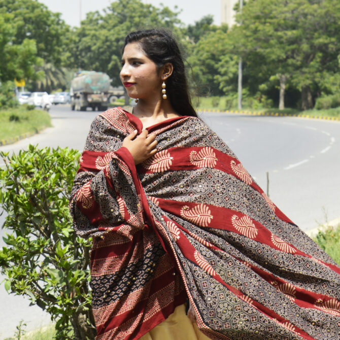 Organic Dye Hand Block Printed Ajrak Odhni with intricate geometric and floral designs in deep black, crafted by artisans using eco-friendly dyes.