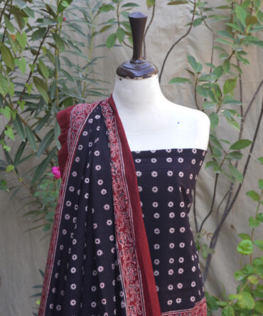 Organic Dyed Hand Block Printed Ajrak Floral Contrast Set Dopatta and Shirt