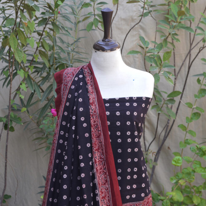 Organic Dyed Hand Block Printed Ajrak Floral Contrast Set Dopatta and Shirt