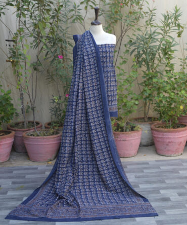 Embrace the elegance of heritage fashion with our Organic Dye Hand Block Printed Ajrak Indigo Tinny Floral Un-Stitched Two-Piece Set.