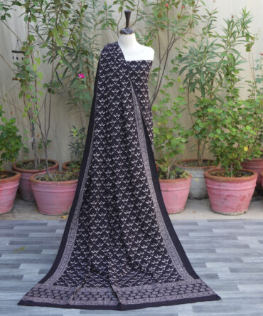 Organic Dye Hand Block Printed Ajrak Pankhrri Un-Stitched Two-Piece Set, featuring a shirt and dupatta in intricate black geometric and floral designs.