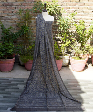 Ajrak Grey Floral, organic dye hand block print dress