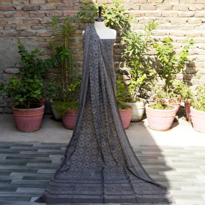 Ajrak Grey Floral, organic dye hand block print dress