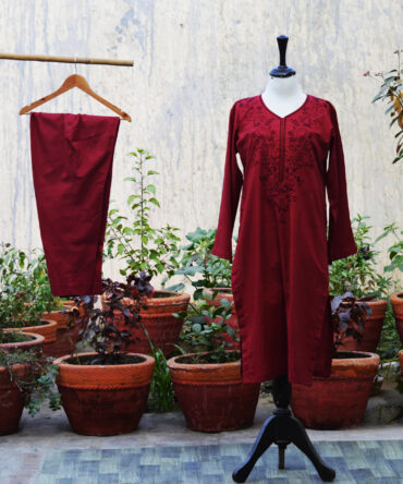 Our Hand Embroidered Maroon Two-Piece Set offers a perfect blend of traditional craftsmanship, modern elegance, and eco-friendly fashion.