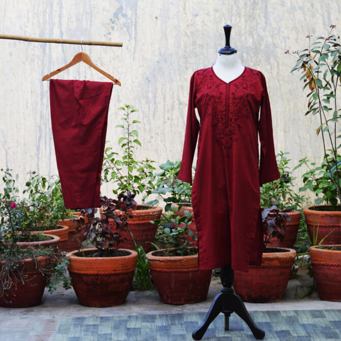 Our Hand Embroidered Maroon Two-Piece Set offers a perfect blend of traditional craftsmanship, modern elegance, and eco-friendly fashion.