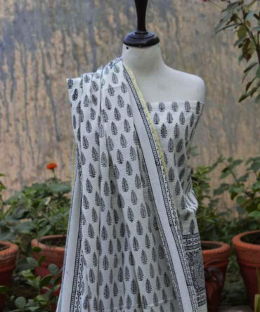 Indus Block Print,Complete outfit featuring a hand block-printed shirt and matching dupatta, styled together to showcase versatility in fashion choices.