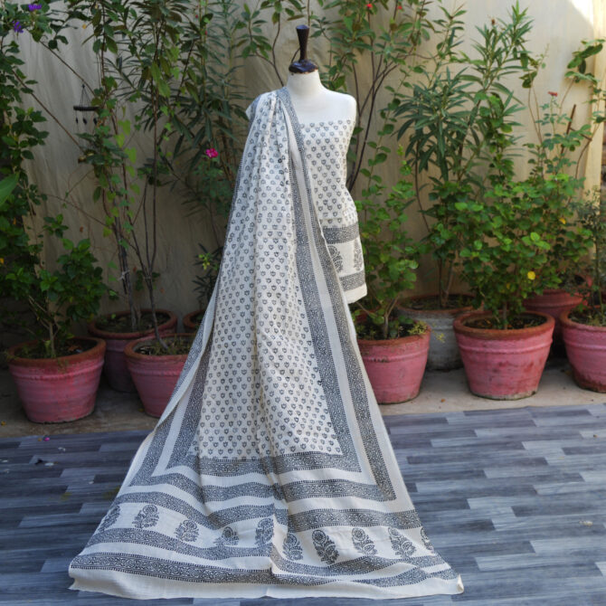 Close-up of a model wearing a Lotus block-printed outfit, featuring intricate lotus flower patterns in natural dyes. The fabric has a blend of traditional and modern design, highlighting sustainable fashion that honors cultural heritage.