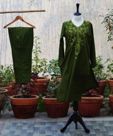 Hand Embroidered Prrot Green Two-Piece Set offers a perfect blend of traditional craftsmanship, modern elegance, and eco-friendly fashion.