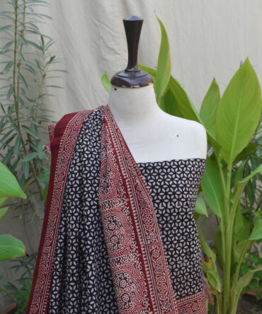 Unstitched Ajrak dress, black and red block print with natural dyes on soft cotton