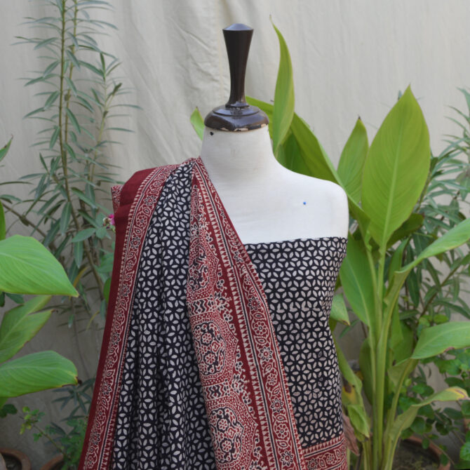 Unstitched Ajrak dress, black and red block print with natural dyes on soft cotton