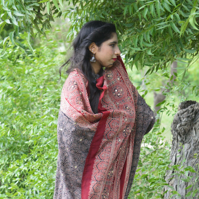 Traditional Ajrak Chadar in Black and Red, Combining Hand Block Print and Modern Styling Options