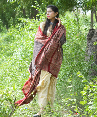 Sustainable Ajrak Shawl in Red and Black Highlighting Intricate Craftsmanship and Classic Patterns