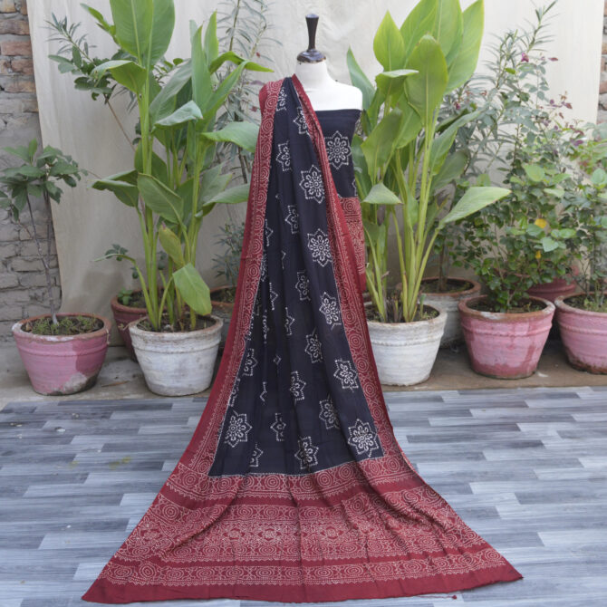 Organic Dye Hand Block Printed Ajrak Black Starry Un-Stitched Two-Piece Set featuring intricate artisan craftsmanship