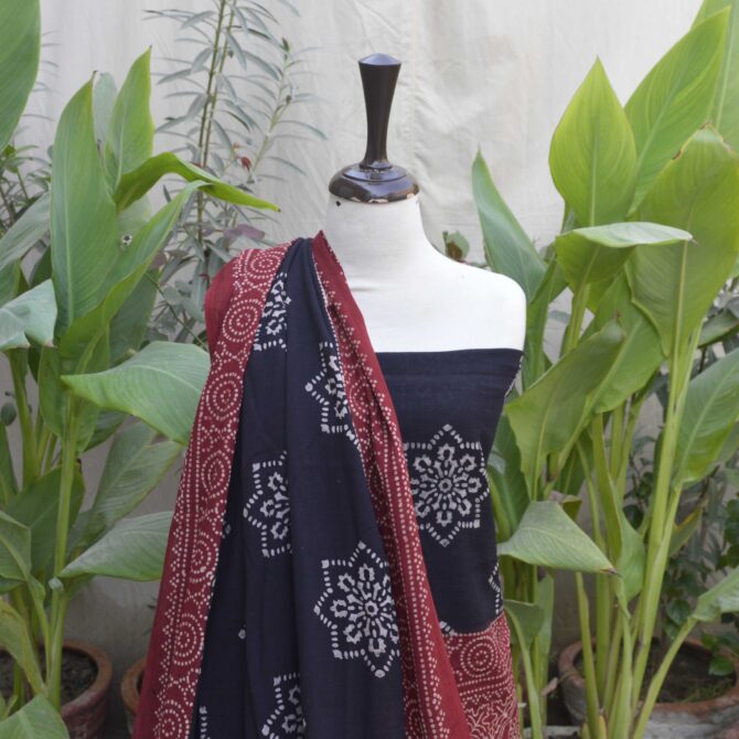 Close-up detail of the dupatta from the Organic Dye Hand Block Printed Ajrak Black Starry Un-Stitched Two-Piece, showcasing the beautiful hand block print patterns.