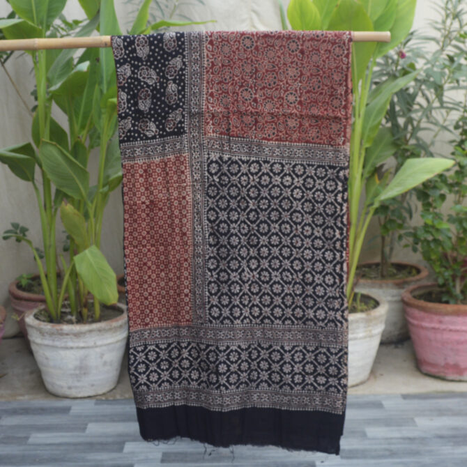 Unstitched Organic Dye Hand Block Printed Ajrak Multi Blocks Shirt with intricate black and red geometric patterns on breathable Lawn cotton fabric, showcasing artisanal craftsmanship.