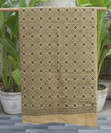 Organic Dye Hand Block Printed Ajrak Kashi Shirt in earthy Camel tones, featuring intricate geometric patterns and crafted from breathable Lawn cotton with eco-friendly dyes.