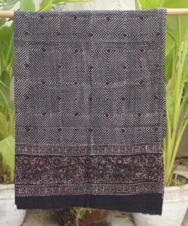 Organic Dye Hand Block Printed Ajrak Khayal Shirt in Deep Black, featuring intricate geometric and Ajrak designs, crafted from breathable Lawn cotton for comfort and style.