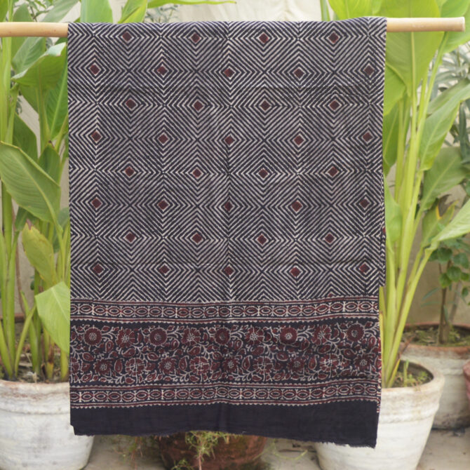 Organic Dye Hand Block Printed Ajrak Khayal Shirt in Deep Black, featuring intricate geometric and Ajrak designs, crafted from breathable Lawn cotton for comfort and style.