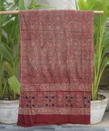 Organic Dye Hand Block Printed Ajrak Red Shirt (Un-Stitched) featuring intricate traditional patterns, handcrafted with eco-friendly dyes and luxurious fabric.