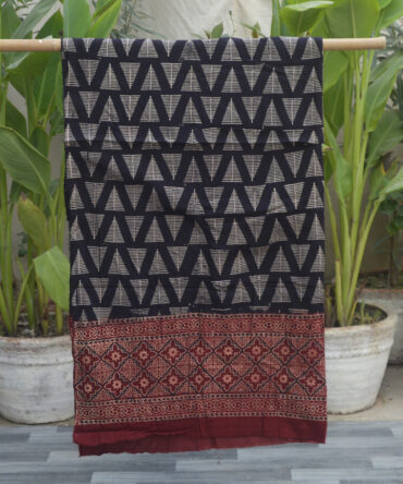 Organic Dye Hand Block Printed Ajrak Triangle Shirt in Deep Black, showcasing intricate geometric patterns, crafted from breathable Lawn cotton fabric.