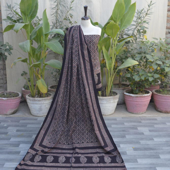 Unstitched two-piece Organic Dye Hand Block Printed Ajrak ZigZag Bel Dress, featuring a shirt and dupatta with intricate zigzag patterns in eco-friendly dyes.