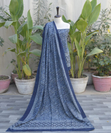 Organic Dye Hand Block Printed Ajrak Indigo Floral Kashi Dress, an unstitched two-piece set with intricate floral and geometric designs in deep indigo tones.