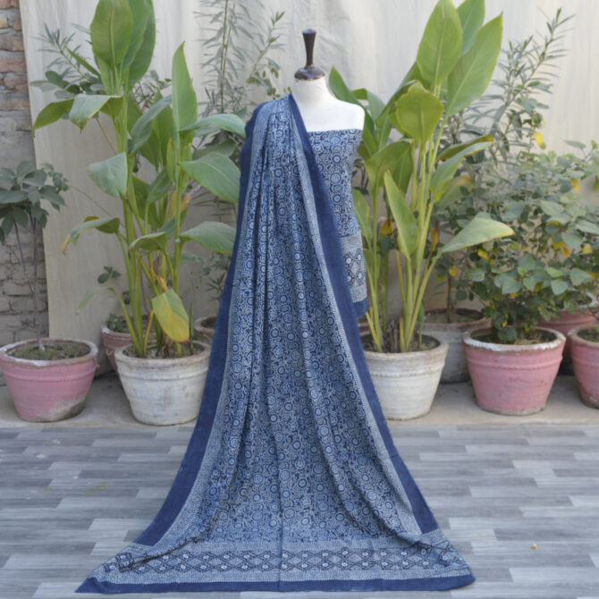 Organic Dye Hand Block Printed Ajrak Indigo Floral Kashi Dress, an unstitched two-piece set with intricate floral and geometric designs in deep indigo tones.